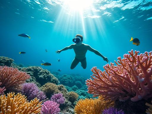 Snorkeler exploring the vibrant coral of the Great Barrier Reef