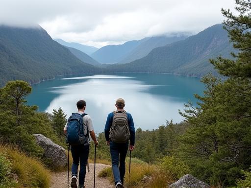 Hikers on a trail overlooking a pristine lake in Tasmania